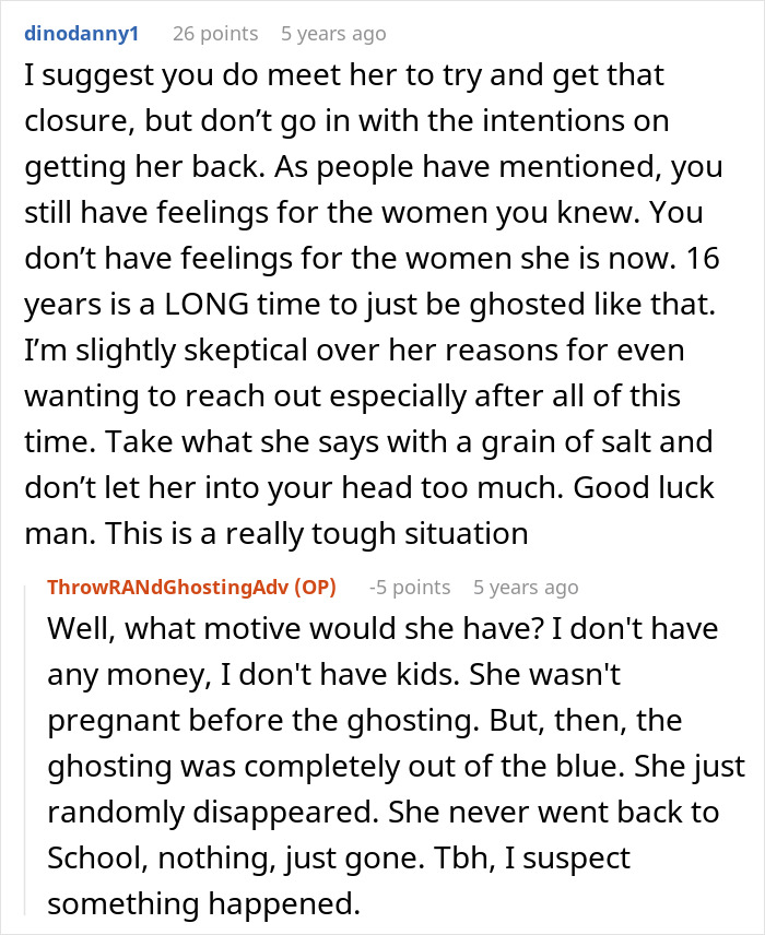 Screenshot of a Reddit conversation about a man left without closure after his fiancé disappeared and then contacts him 16 years later. Screenshot of a Reddit conversation about a man left without closure after his fiancé disappeared and then contacts him 16 years later.