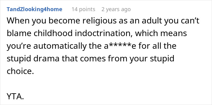 Comment accusing Muslim daughter-in-law of causing family conflict for refusing to wear bikini at bridal party. Comment accusing Muslim daughter-in-law of causing family conflict for refusing to wear bikini at bridal party.