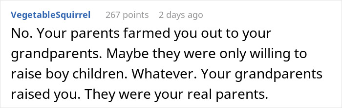 Comment on Reddit about lady refusing to help cruel parents who abandoned her, labeled disrespectful by them.