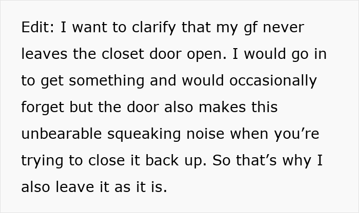 Text post explaining a guy’s frustration about closing his girlfriend’s closet door causing a squeaking noise. Text post explaining a guy’s frustration about closing his girlfriend’s closet door causing a squeaking noise.