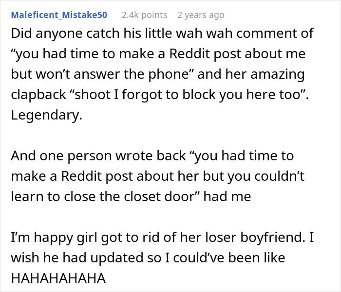 Reddit comments showing a guy venting about closing his girlfriend's closet door and her public clap back dumping him. Reddit comments showing a guy venting about closing his girlfriend's closet door and her public clap back dumping him.