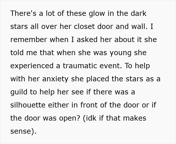 Text describing a glow in the dark stars on a closet door, linked to anxiety and a past traumatic event. Text describing a glow in the dark stars on a closet door, linked to anxiety and a past traumatic event.