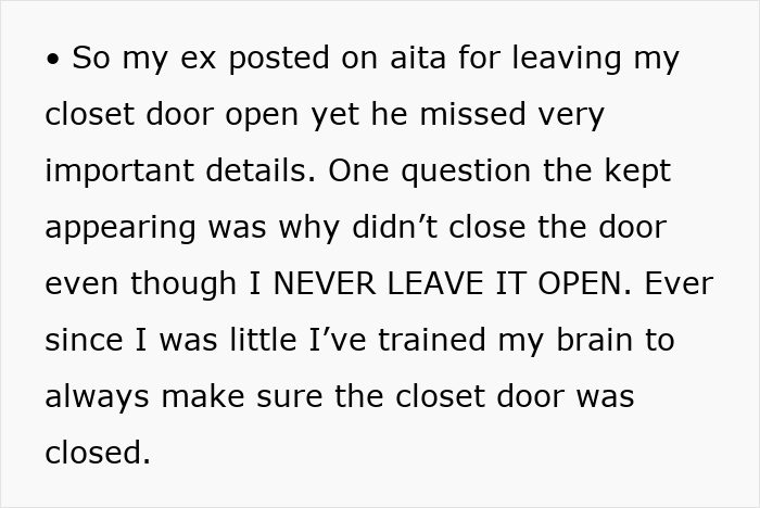 Screenshot of a text post about a guy being vented online for not closing his girlfriend’s closet door as requested. Screenshot of a text post about a guy being vented online for not closing his girlfriend’s closet door as requested.