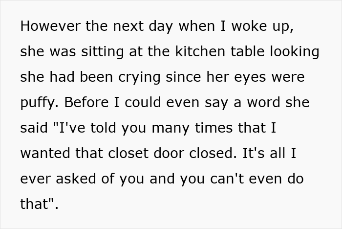 Text excerpt showing a conversation about a girlfriend upset over a closet door not being closed as requested. Text excerpt showing a conversation about a girlfriend upset over a closet door not being closed as requested.