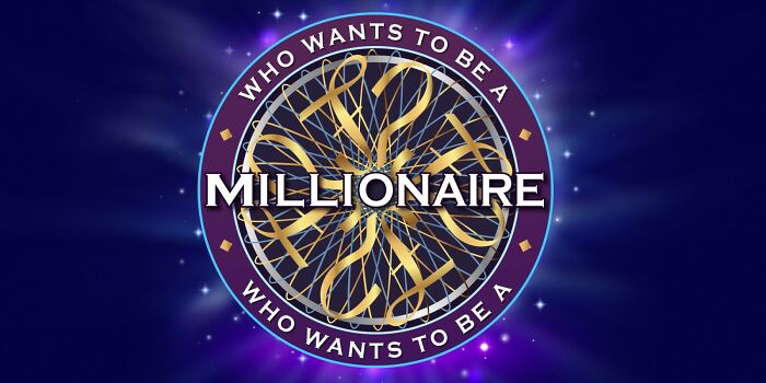 Millionaire-style quiz logo with gold question marks and purple background, promoting the millionaire-style quiz challenge.