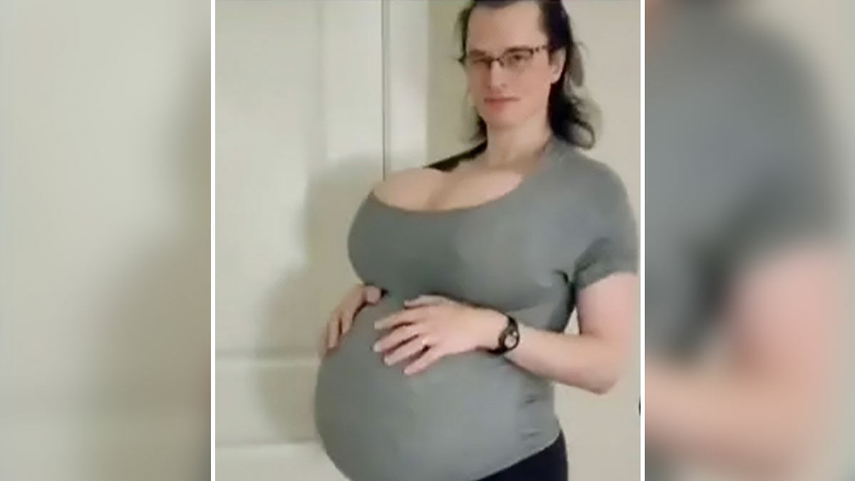 High school teacher in exaggerated costume with large chest and pregnant belly, sparking controversy among parents.
