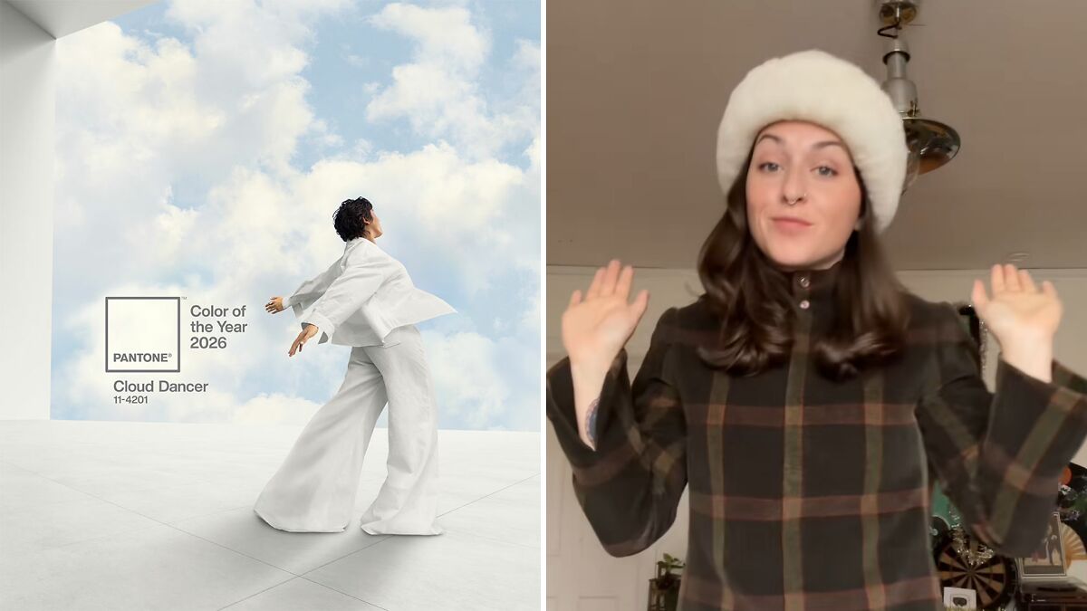 Split image showing Pantone Color of the Year 2026 Cloud Dancer and a woman reacting in a casual indoor setting.