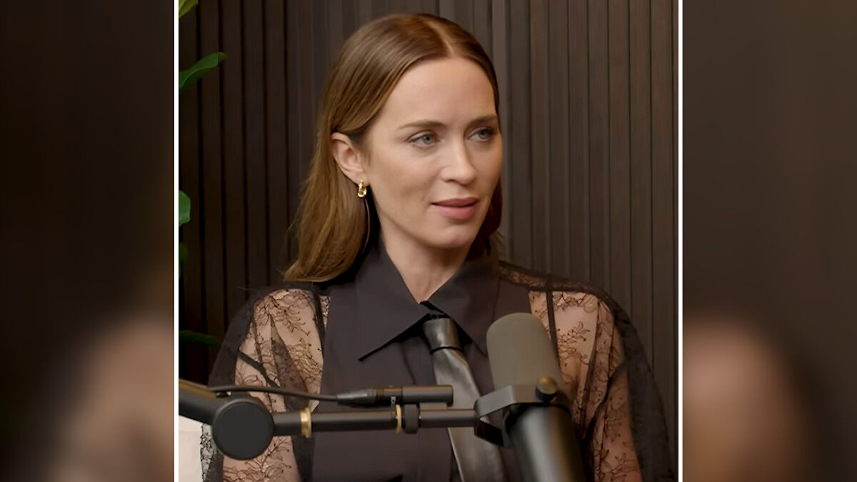 Emily Blunt appearing on podcast, speaking into microphone, sparking plastic surgery rumors and discussions about surgeon arrest.