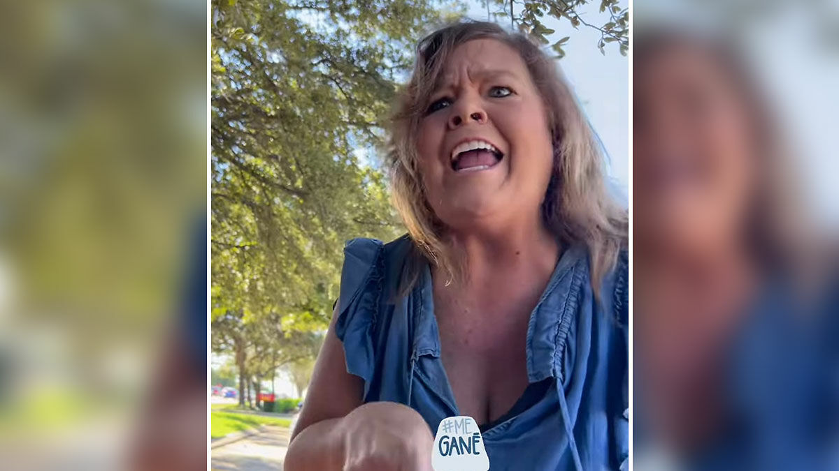 Woman in blue top outdoors, appearing upset, illustrating a Karen who learned her lesson in 2025