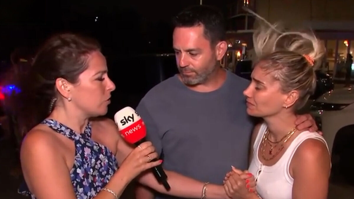 Sky News reporter interviewing a dad and woman recalling terrifying moment during Bondi Beach attack involving 3-year-old.