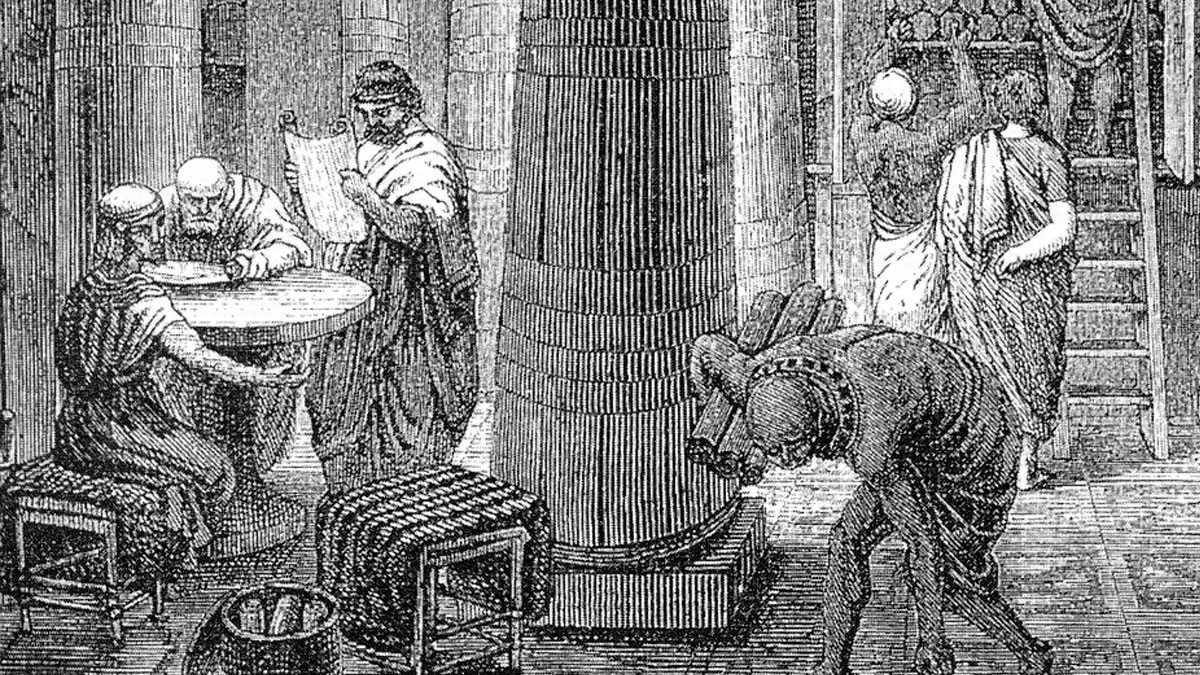 Ancient people sharing knowledge inside a columned room with scrolls and wooden furniture, illustrating crazy facts online.