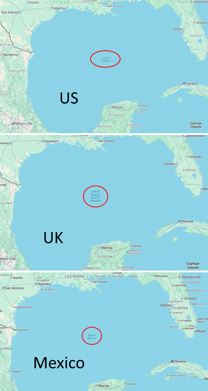 Maps showing the Gulf of Mexico with curiosity interesting map data on varied country labeling differences.