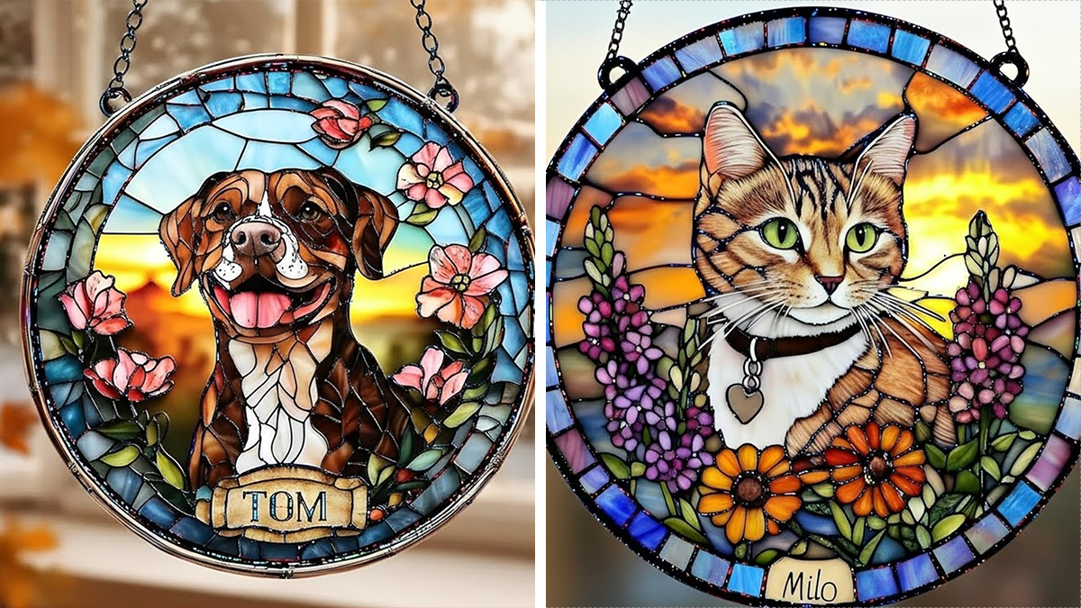 Stained glass custom gifts featuring a dog named Tom and a cat named Milo, perfect personalized Christmas decor.