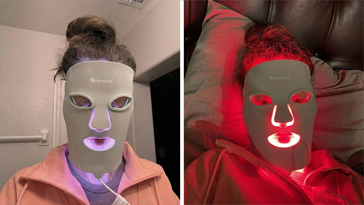 Person wearing a Nanoleaf light therapy mask demonstrating popular Cyber Monday deals skincare technology at home.