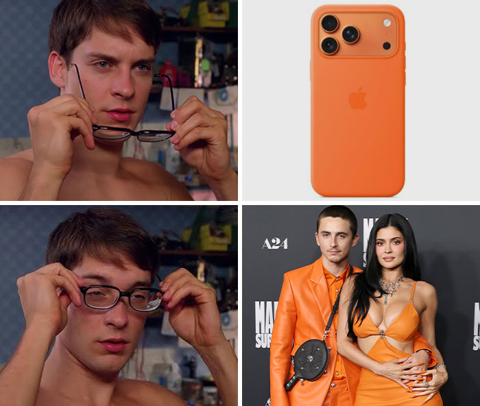 Timothée Chalamet and Kyle Jenner in coordinated orange outfits on the red carpet, fans spot odd detail. Timothée Chalamet and Kyle Jenner in coordinated orange outfits on the red carpet, fans spot odd detail.