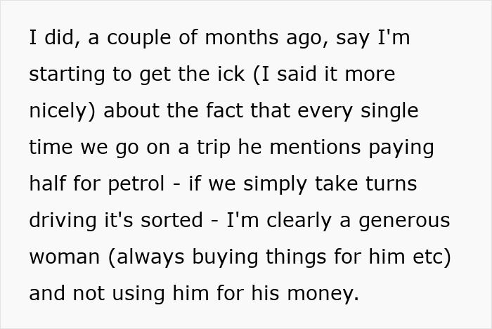 Text exploring a woman spoiling her boyfriend on his birthday and feeling the ick over petrol money as a gift. Text exploring a woman spoiling her boyfriend on his birthday and feeling the ick over petrol money as a gift.