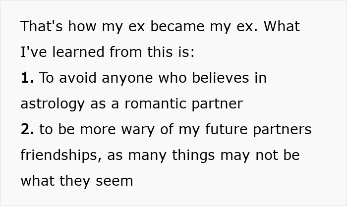 Text excerpt explaining lessons learned about avoiding astrology believers as romantic partners and being cautious of friends in relationships.