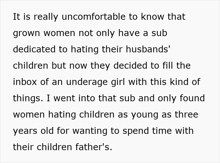 Text discussing insecurity and negativity from stepmother towards husband’s children, revealing true colors in teen’s story. Text discussing insecurity and negativity from stepmother towards husband’s children, revealing true colors in teen’s story.