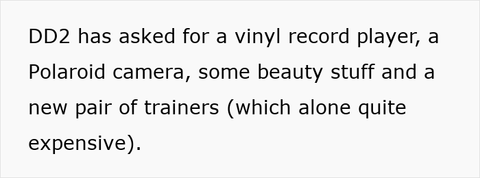 List of Christmas gift requests including a vinyl player, Polaroid camera, beauty items, and expensive trainers. List of Christmas gift requests including a vinyl player, Polaroid camera, beauty items, and expensive trainers.