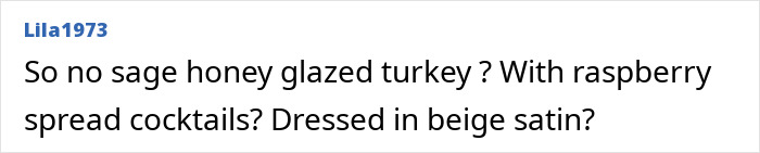 Comment from user Lila1973 discussing holiday food and drink choices with a casual tone and playful questions. Comment from user Lila1973 discussing holiday food and drink choices with a casual tone and playful questions.