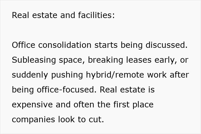 Text highlighting subtle red flags at work, including office consolidation and shifts to remote work indicating job insecurity. Text highlighting subtle red flags at work, including office consolidation and shifts to remote work indicating job insecurity.