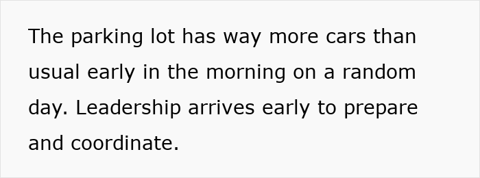 Parking lot crowded early in the morning with leadership preparing, showing subtle red flags job safety concerns.