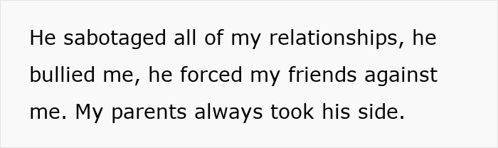 Alt text: Text describing a gay bro who treated his sister poorly and caused family conflict, leading to parents disowning him. Alt text: Text describing a gay bro who treated his sister poorly and caused family conflict, leading to parents disowning him.