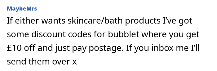Text post from MaybeMrs offering discount codes for skincare and bath products with £10 off plus postage. Text post from MaybeMrs offering discount codes for skincare and bath products with £10 off plus postage.