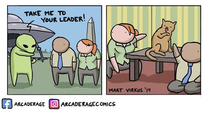 Hilariously dark comic by Arcade Rage showing aliens meeting humans and confused cat in a humorous gaming and pop culture scene.