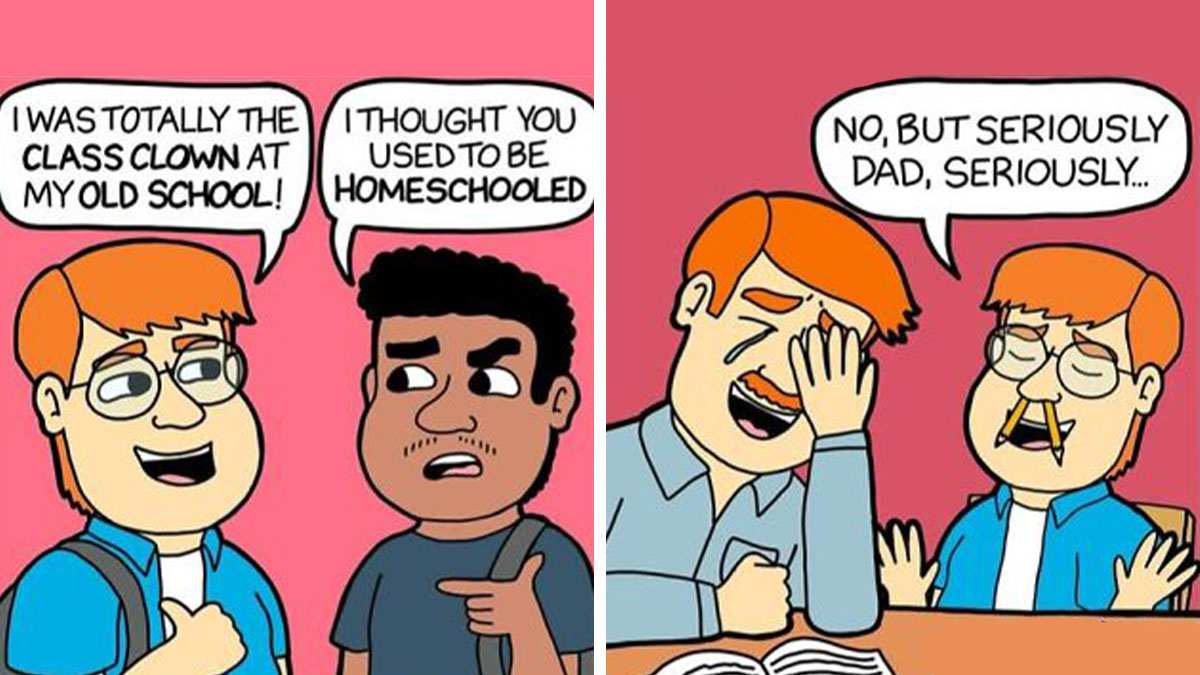 Two-panel NJ Creepshow comic with a class clown joke and a dad facepalming in a funny scene.