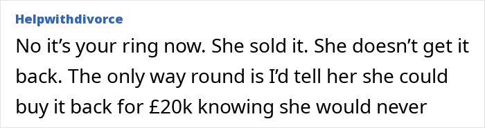 Text conversation snippet about a woman pawning a family heirloom ring and her sister-in-law buying it back.