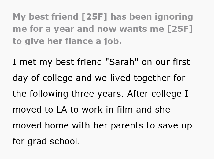 Text post describing a best friend ignoring the writer and asking for help to break into Hollywood after getting a boyfriend. Text post describing a best friend ignoring the writer and asking for help to break into Hollywood after getting a boyfriend.