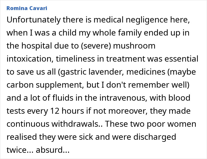 Comment discussing medical negligence in tragic case of Italian mother and daughter from town on alert after fatal Christmas dinner.