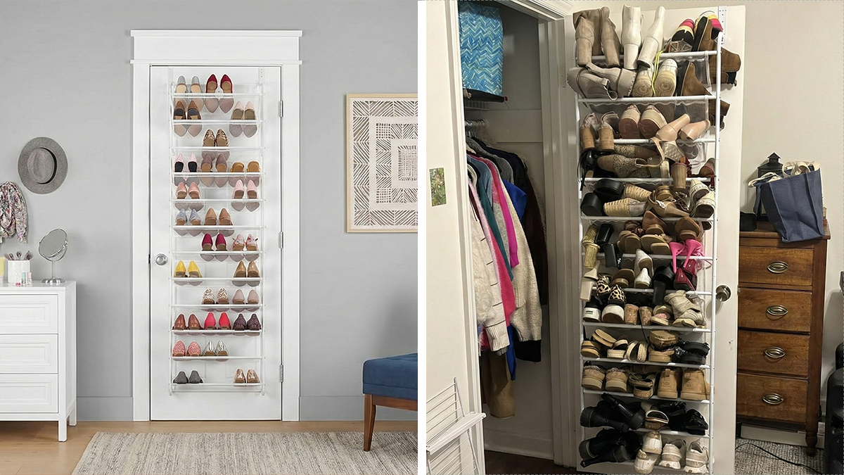 Over-the-door shoe organizers neatly decluttering shoes in bedroom and closet, showcasing easy declutter solutions.