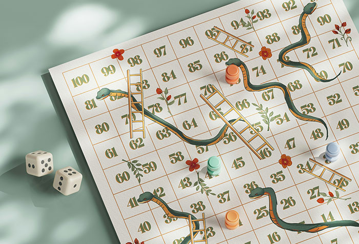 Snakes and ladders game board with floral designs and dice, illustrating disturbing things found in homes of seemingly normal people.