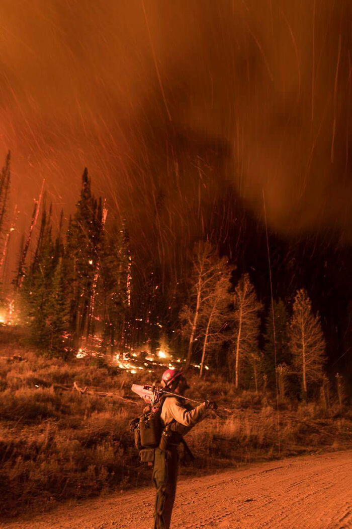 Wildfire firefighter working at night combating forest fire in intense conditions, showcasing different jobs that inspire awe.