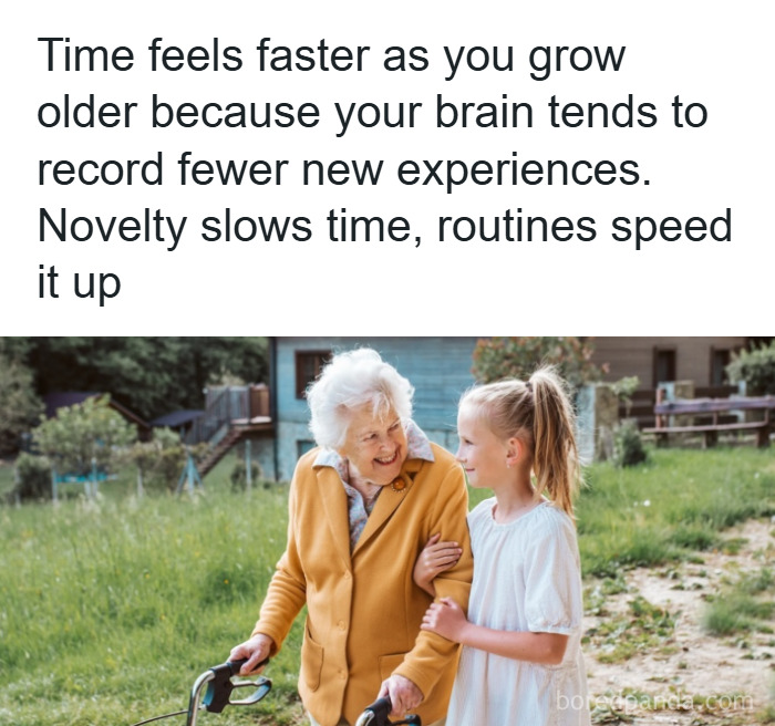 Elderly woman with walker smiling and walking outside with young girl, illustrating interesting psychology facts about time perception.