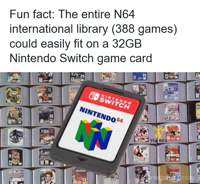 Nintendo Switch game card showing N64 library size, illustrating a weird math problem solved with surprising storage facts.
