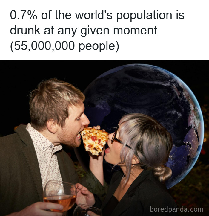 Couple sharing pizza with Earth in background and text about 0.7% of the population being drunk, weird math problem.