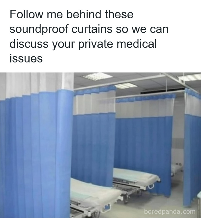 Hospital room with soundproof curtains around patient beds, featuring hilarious memes to forget stress.