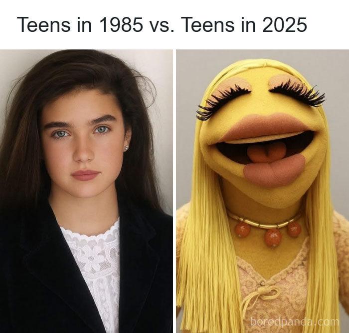 Comparison of teens in 1985 and 2025 shown humorously with a realistic photo and a puppet in a hilarious meme format.