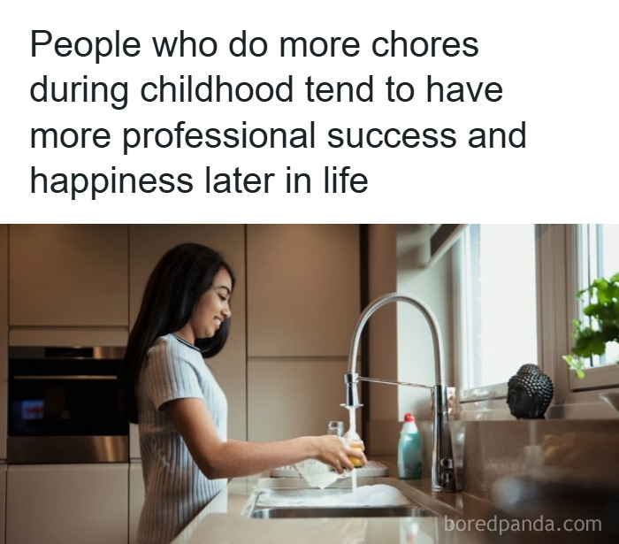 Woman washing dishes in a kitchen illustrating psychology facts about childhood chores linked to success and happiness later in life