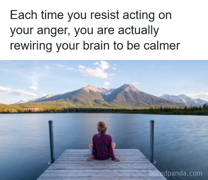 Person sitting on a dock overlooking mountains and lake, illustrating fascinating psychology facts about calming the brain.