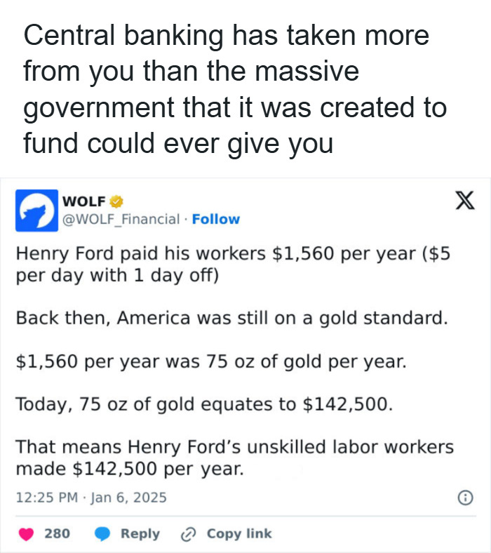 Math problem showing the calculation of Henry Ford workers' pay using gold standard and its modern equivalent value.