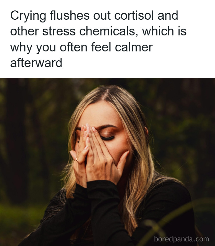 Woman covering her face with hands, illustrating a fun and fascinating psychology fact about stress relief and emotions.