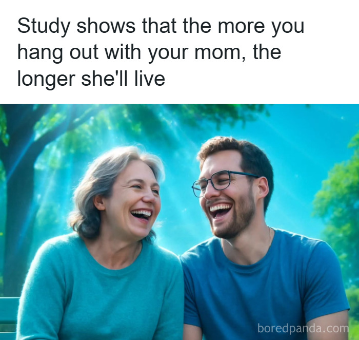 Mother and adult son laughing together outdoors, illustrating fun and fascinating psychology facts about relationships.