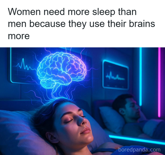 Woman sleeping with glowing digital brain above her head, illustrating psychology facts about brain usage and sleep differences.