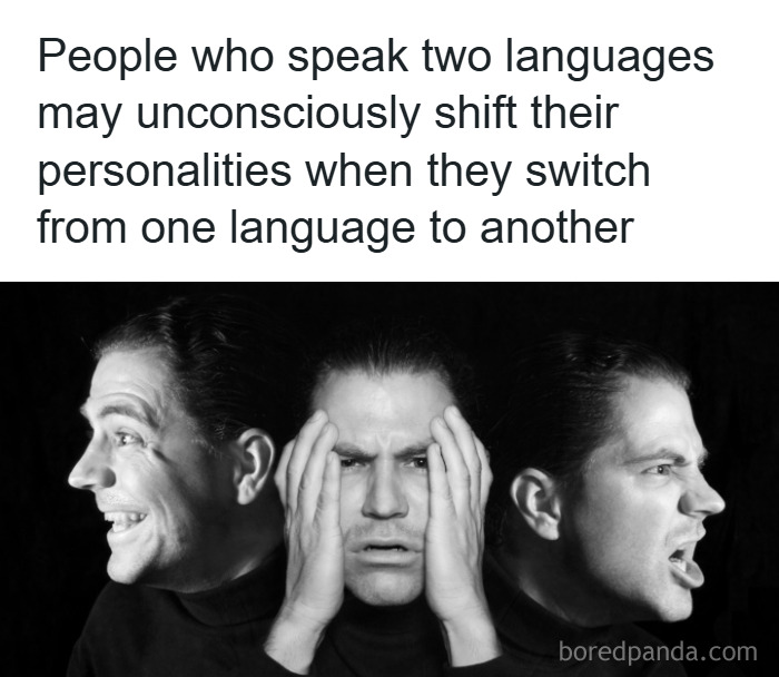 Tweet about bilingual people shifting personalities with a black and white image illustrating psychology facts.