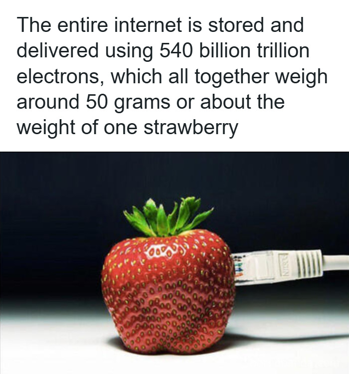Strawberry representing weight of electrons storing entire internet, illustrating weirdest math problems solved visually.
