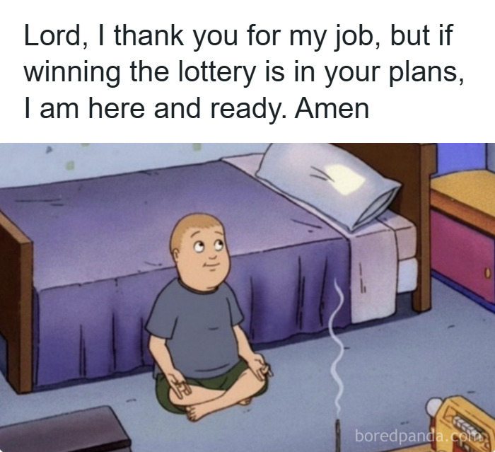 Cartoon character meditating in bedroom with caption about job and praying to win the lottery, hilarious memes concept.